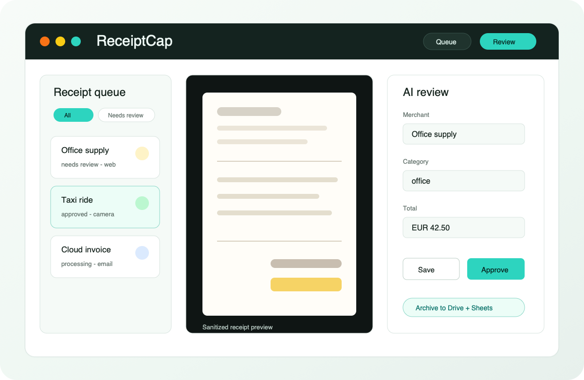 ReceiptCap queue, receipt preview, and AI review workflow